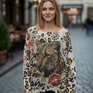 NWT Leopard Graphic Knit Sweater - Cream Multi